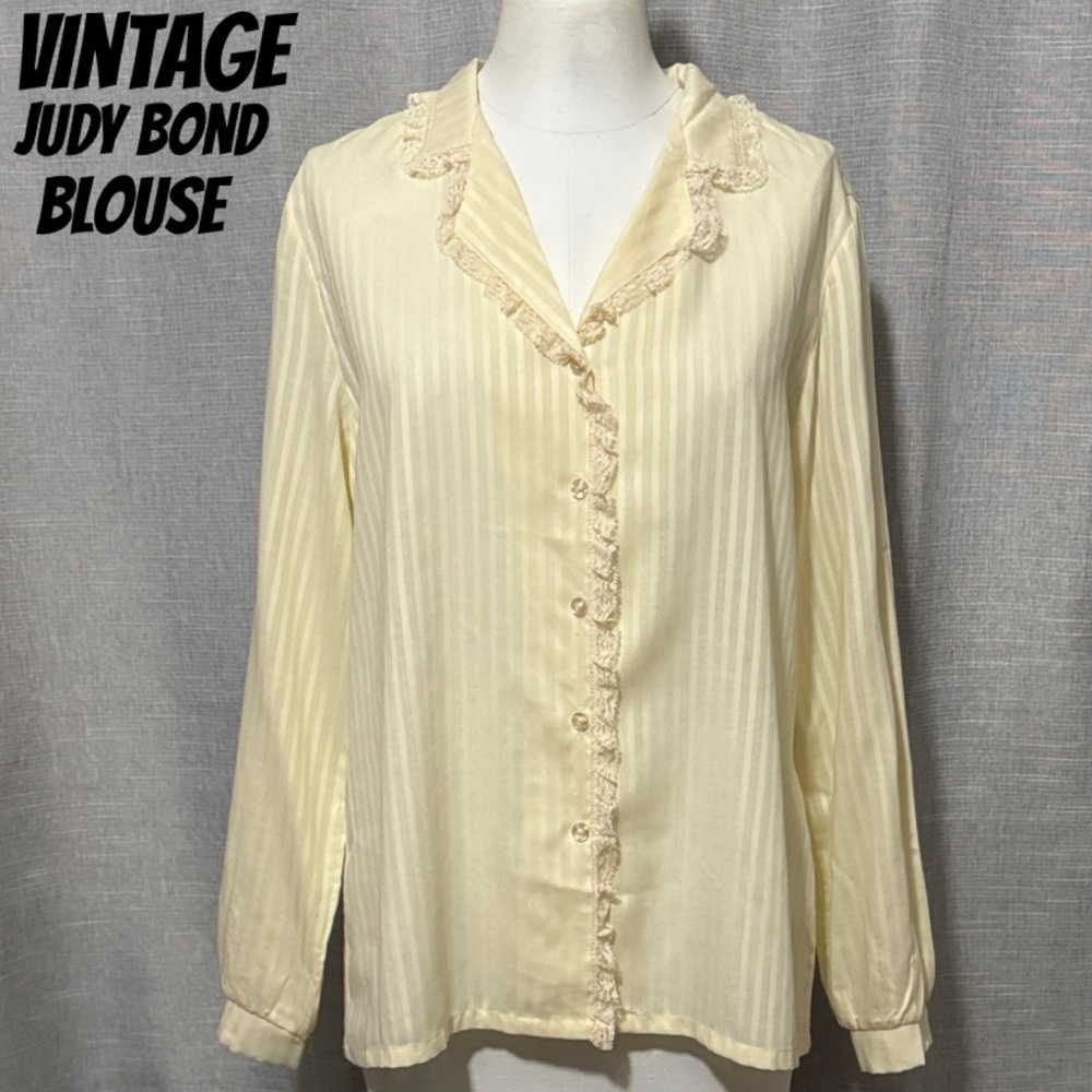 Vintage Judy Bond Collared Blouse-EUC-Cream Semi Sheer Striped-Lace Trim
